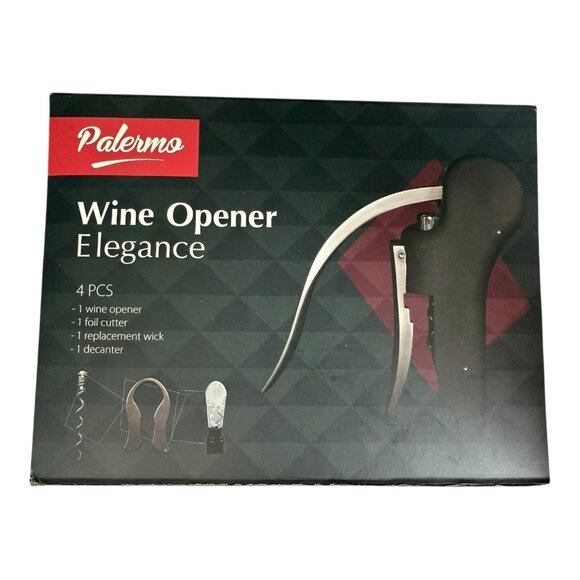 Palermo Wine Opener Elegance 4 Piece Set Opener Cutter Wick Decanter P21 02 - Picture 1 of 4